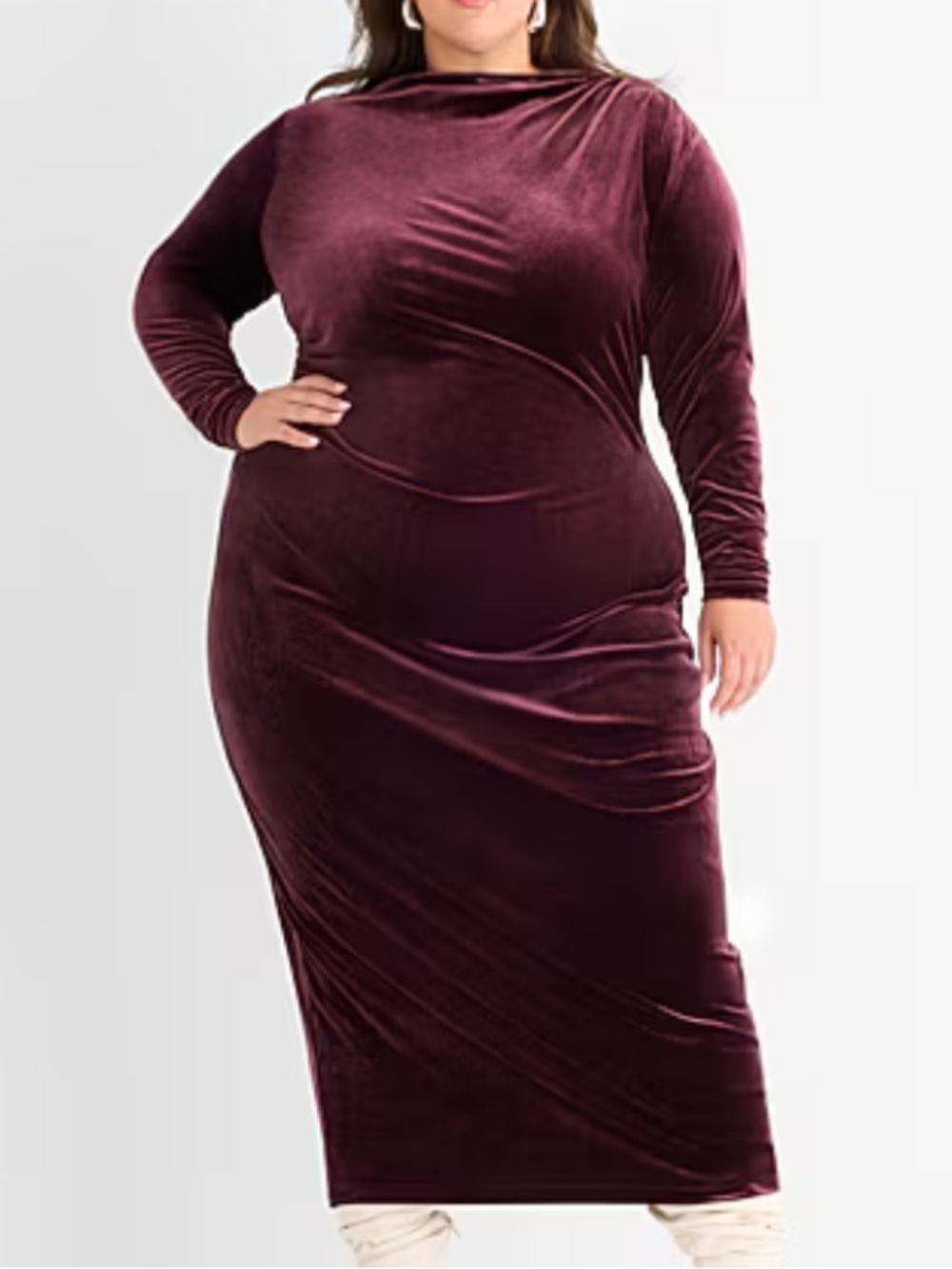 Ashley Graham 5X Wine Goddess Gather Velour Long Sleeve Midi Bodycon Dress NWT